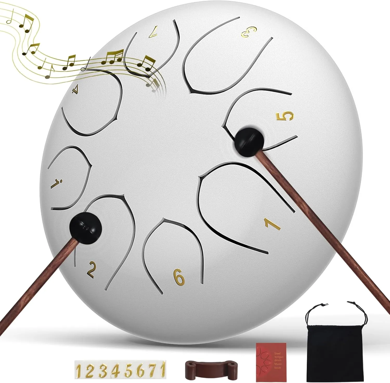 Rain Drum for Outside Garden, 6 Inches 8 Notes Steel Tongue Chakra Drums, Waterproof Meditation Echo Rain Chime, Musical Instruments for Adult Gift with Bag, Music Book, Drum Mallets (White)