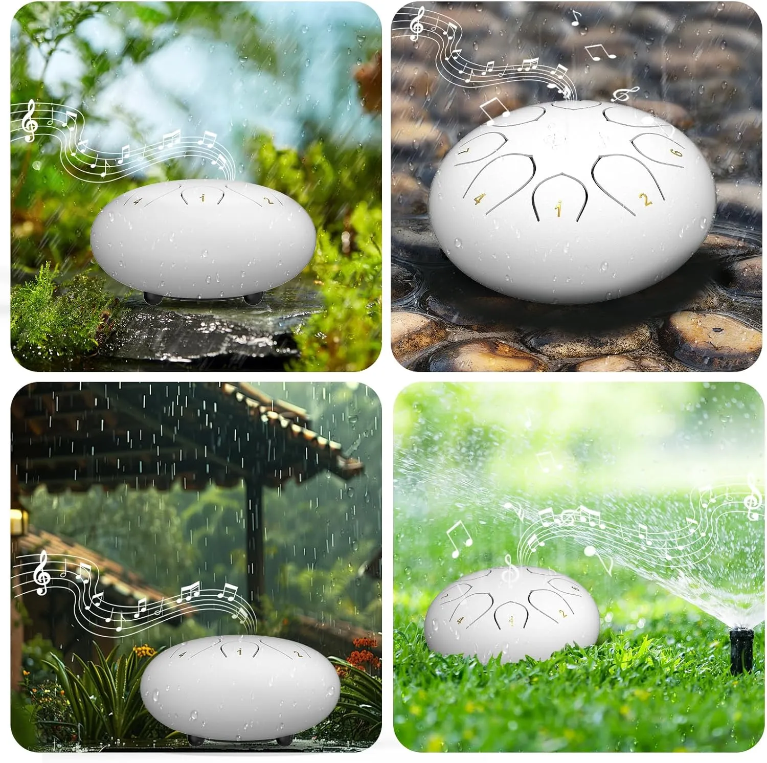 Rain Drum for Outside Garden, 6 Inches 8 Notes Steel Tongue Chakra Drums, Waterproof Meditation Echo Rain Chime, Musical Instruments for Adult Gift with Bag, Music Book, Drum Mallets (White)