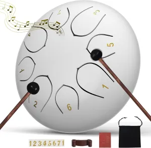 Rain Drum for Outside Garden, 6 Inches 8 Notes Steel Tongue Chakra Drums, Waterproof Meditation Echo Rain Chime, Musical Instruments for Adult Gift with Bag, Music Book, Drum Mallets (White)