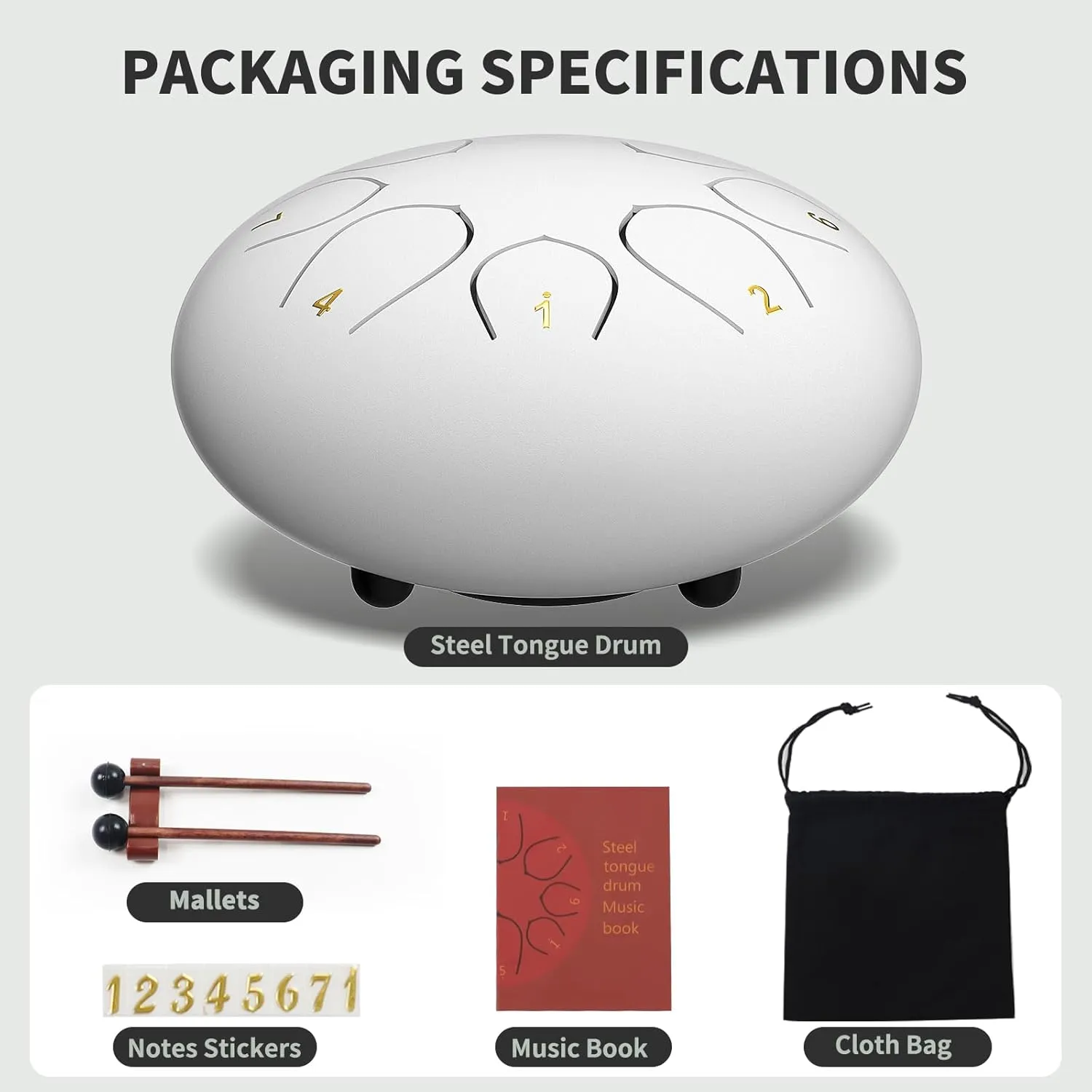 Rain Drum for Outside Garden, 6 Inches 8 Notes Steel Tongue Chakra Drums, Waterproof Meditation Echo Rain Chime, Musical Instruments for Adult Gift with Bag, Music Book, Drum Mallets (White)