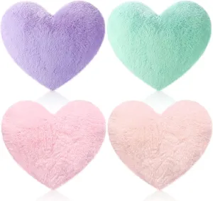 Remerry 4 Pcs Heart Shaped Cute Throw Pillows Faux Rabbit Fur Heart Pillow Fluffy Throw Cushion Decorative for Bedroom Bed Sofa Kid Girls Sleepover Part(Bright Color)