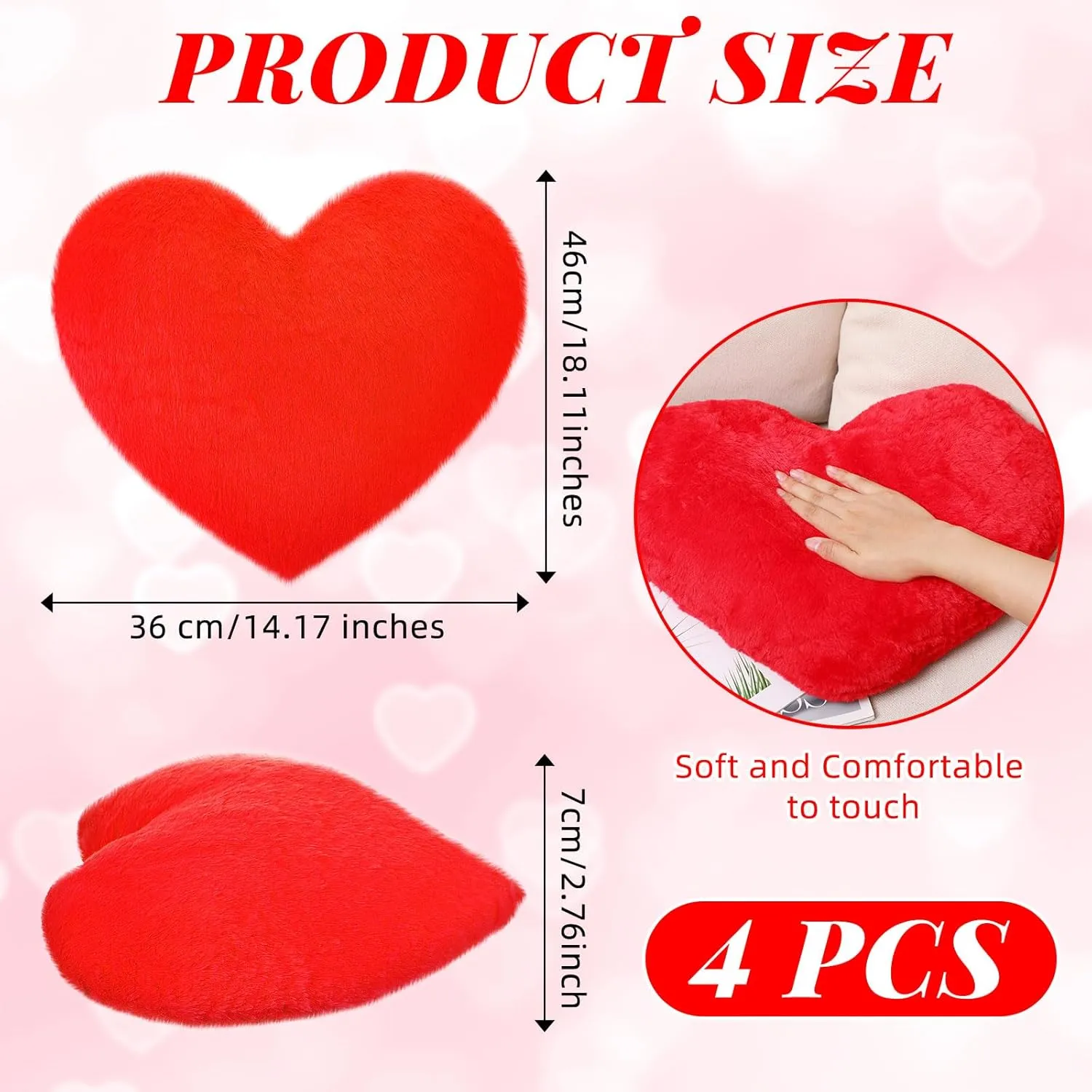 Remerry 4 Pcs Heart Shaped Cute Throw Pillows Faux Rabbit Fur Heart Pillow Fluffy Throw Cushion Decorative for Bedroom Bed Sofa Kid Girls Sleepover Part(Red)