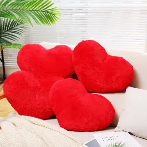 Remerry 4 Pcs Heart Shaped Cute Throw Pillows Faux Rabbit Fur Heart Pillow Fluffy Throw Cushion Decorative for Bedroom Bed Sofa Kid Girls Sleepover Part(Red)