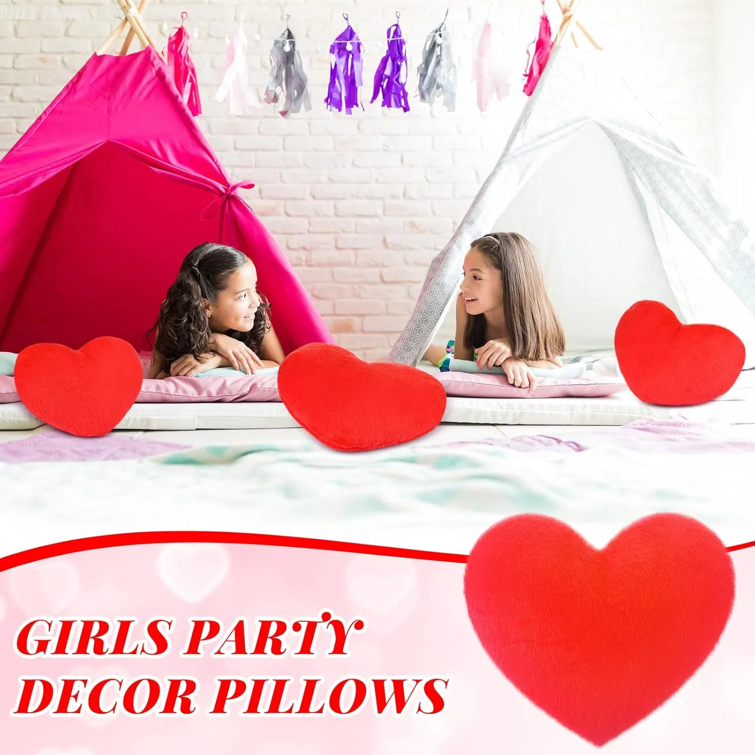 Remerry 4 Pcs Heart Shaped Cute Throw Pillows Faux Rabbit Fur Heart Pillow Fluffy Throw Cushion Decorative for Bedroom Bed Sofa Kid Girls Sleepover Part(Red)