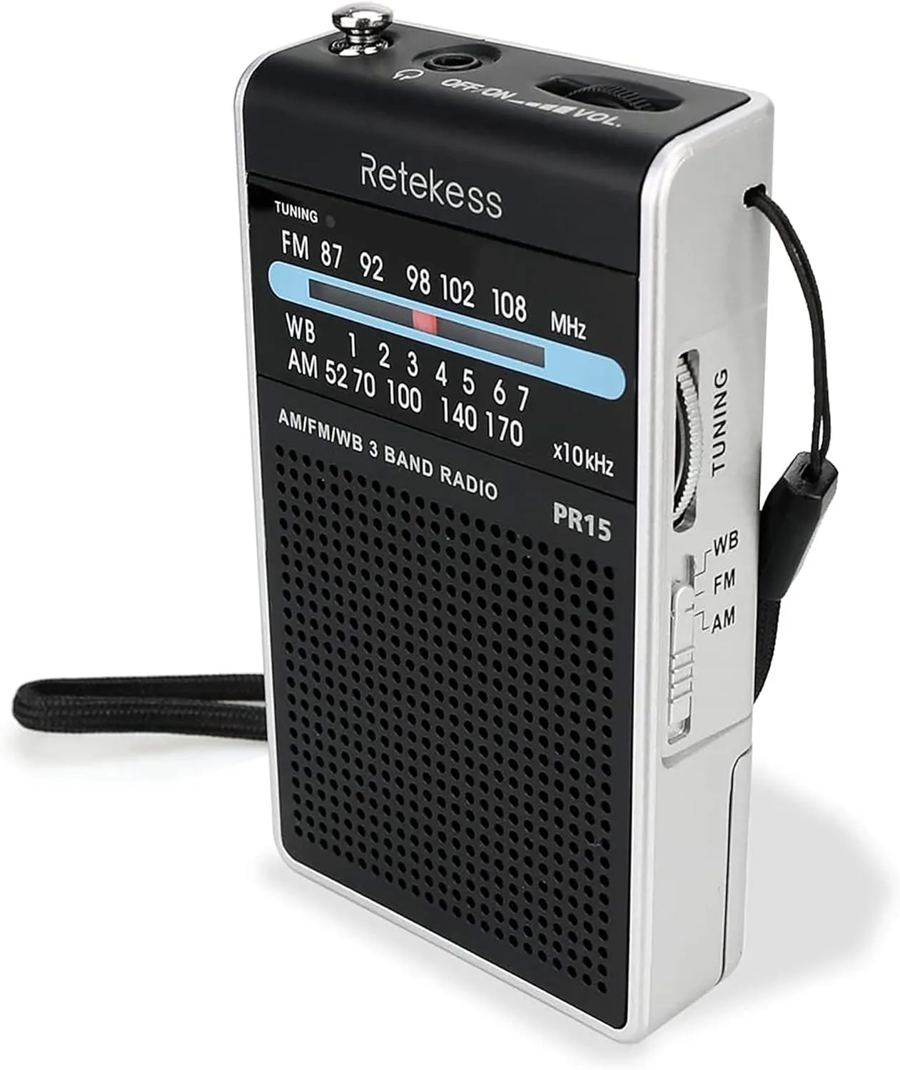 Retekess PR15 Pocket NOAA Weather Radio, AM FM Emergency Weather Radio Portable, Little Transistor Radios Powered by AAA Battery for Walking, Camping (Silver Black)