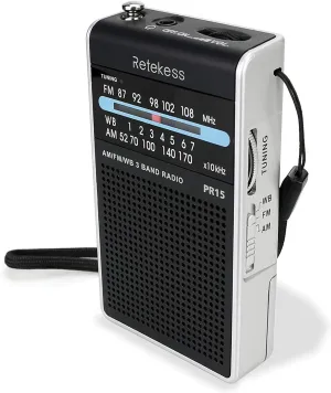 Retekess PR15 Pocket NOAA Weather Radio, AM FM Emergency Weather Radio Portable, Little Transistor Radios Powered by AAA Battery for Walking, Camping (Silver Black)