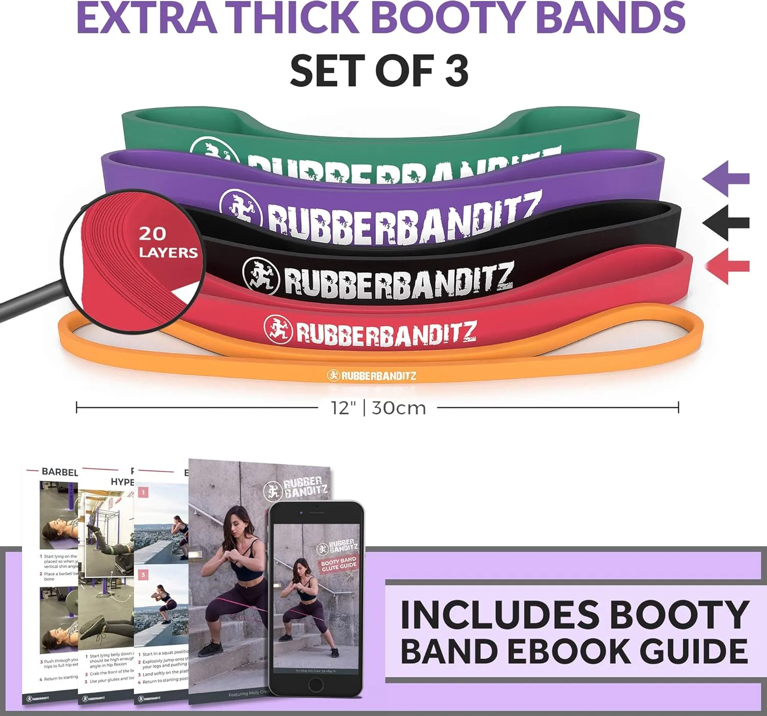 Rubberbanditz Extra Thick Booty Bands - for Glutes and Legs Workouts - Includes eGuide for Women - Mini Loop Exercise Band Engages HIPS, Thighs, Butt, and Abs - 5 Mini Resistance Band Sizes 5-100 lbs