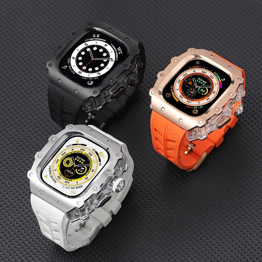 Rugged Stainless Steel Case Mod Kit for Apple Watch Series 10 46mm 9/8/7 45mm Ultra 2 49mm 44mm Metal Cover Rubber Sport Bands Men for Iwatch