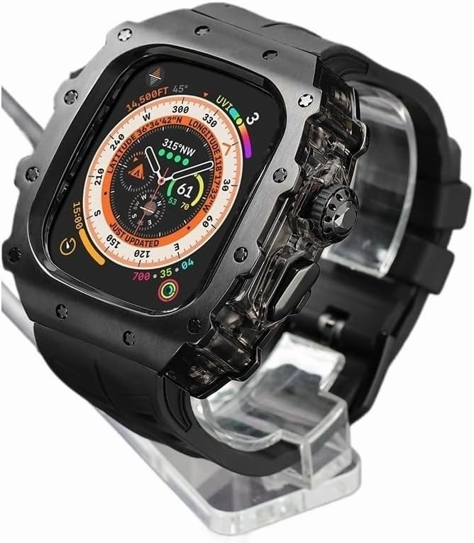 Rugged Stainless Steel Case Mod Kit for Apple Watch Series 10 46mm 9/8/7 45mm Ultra 2 49mm 44mm Metal Cover Rubber Sport Bands Men for Iwatch