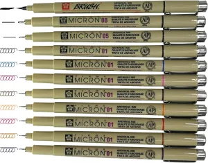 Sakura Pigma Micron Artist pens 12 Fineliner Archival Ink Black & Colors, 8 Assorted Colors with 4 Black (01, 05, 08, Brush Pen)