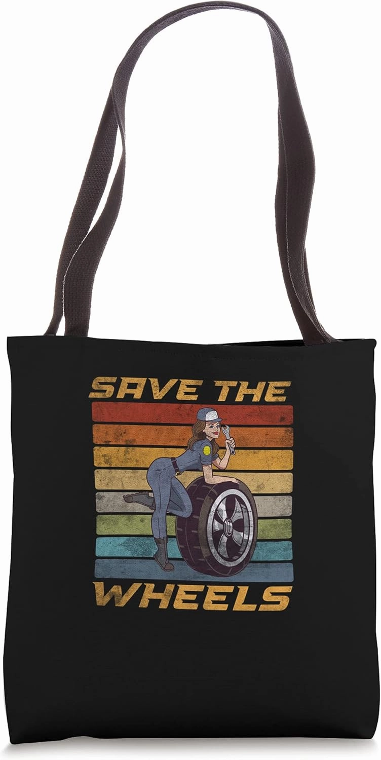 Save The Wheels Custom Car Pun Curbs Rim Rimstone Retro Tote Bag
