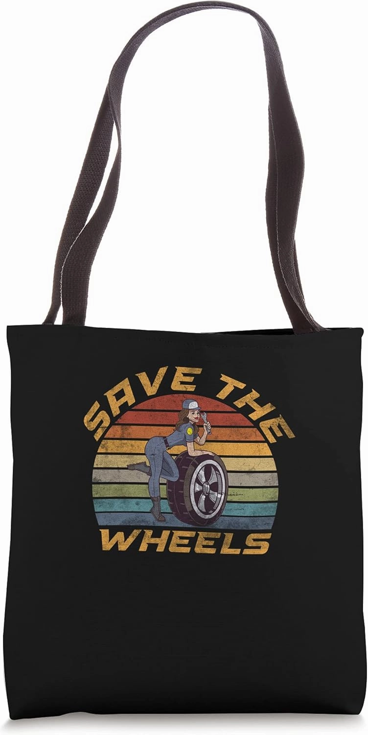 Save The Wheels Custom Car Pun Curbs Rim Rimstone Retro Tote Bag