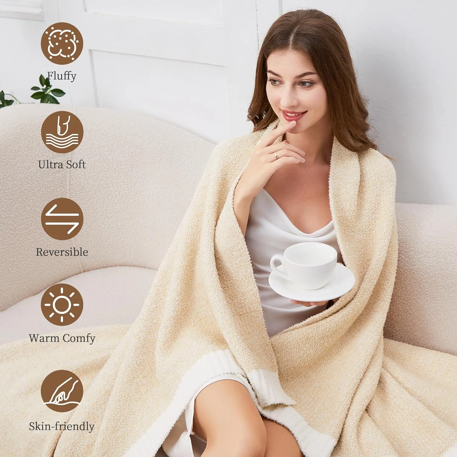 SeaRoomy Knit Throw Blanket, Super Soft Cozy Reversible Knitted Throw Blanket, Warm Fluffy Microfiber Fuzzy Plush Lightweight Blanket for Couch, Sofa, Bed, Camping, Picnic(Beige, 51”x63”)