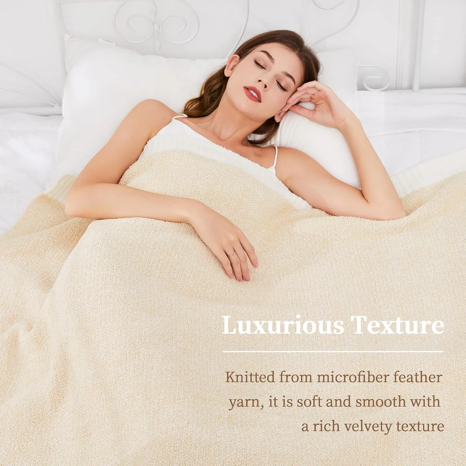 SeaRoomy Knit Throw Blanket, Super Soft Cozy Reversible Knitted Throw Blanket, Warm Fluffy Microfiber Fuzzy Plush Lightweight Blanket for Couch, Sofa, Bed, Camping, Picnic(Beige, 51”x63”)