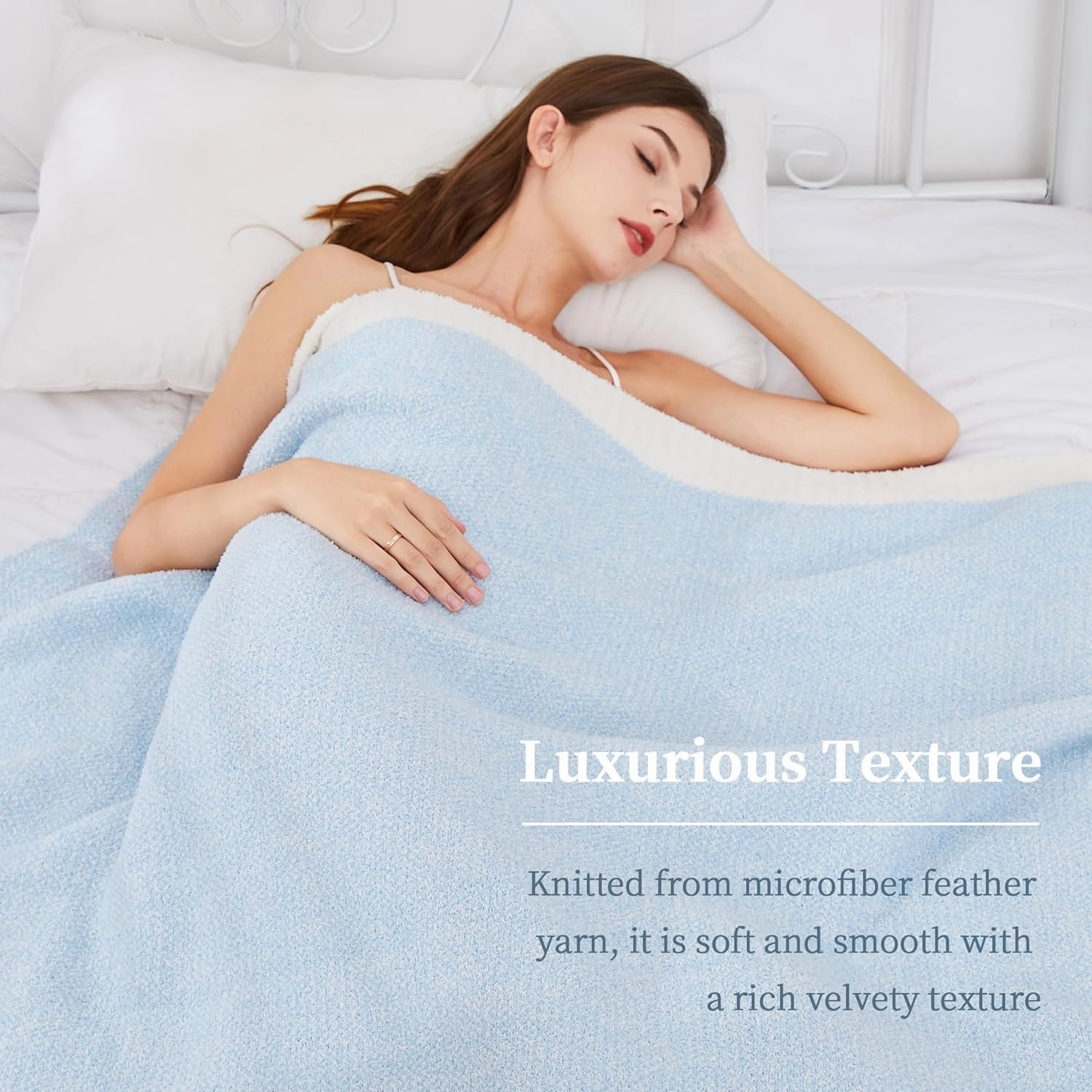 SeaRoomy Knit Throw Blanket for Couch, Super Soft Cozy Reversible Knitted Throw Blanket, Lightweight Warm Fluffy Microfiber Fuzzy Blanket for Sofa, Bed, Camping, Picnic(Blue, 51”x63”)