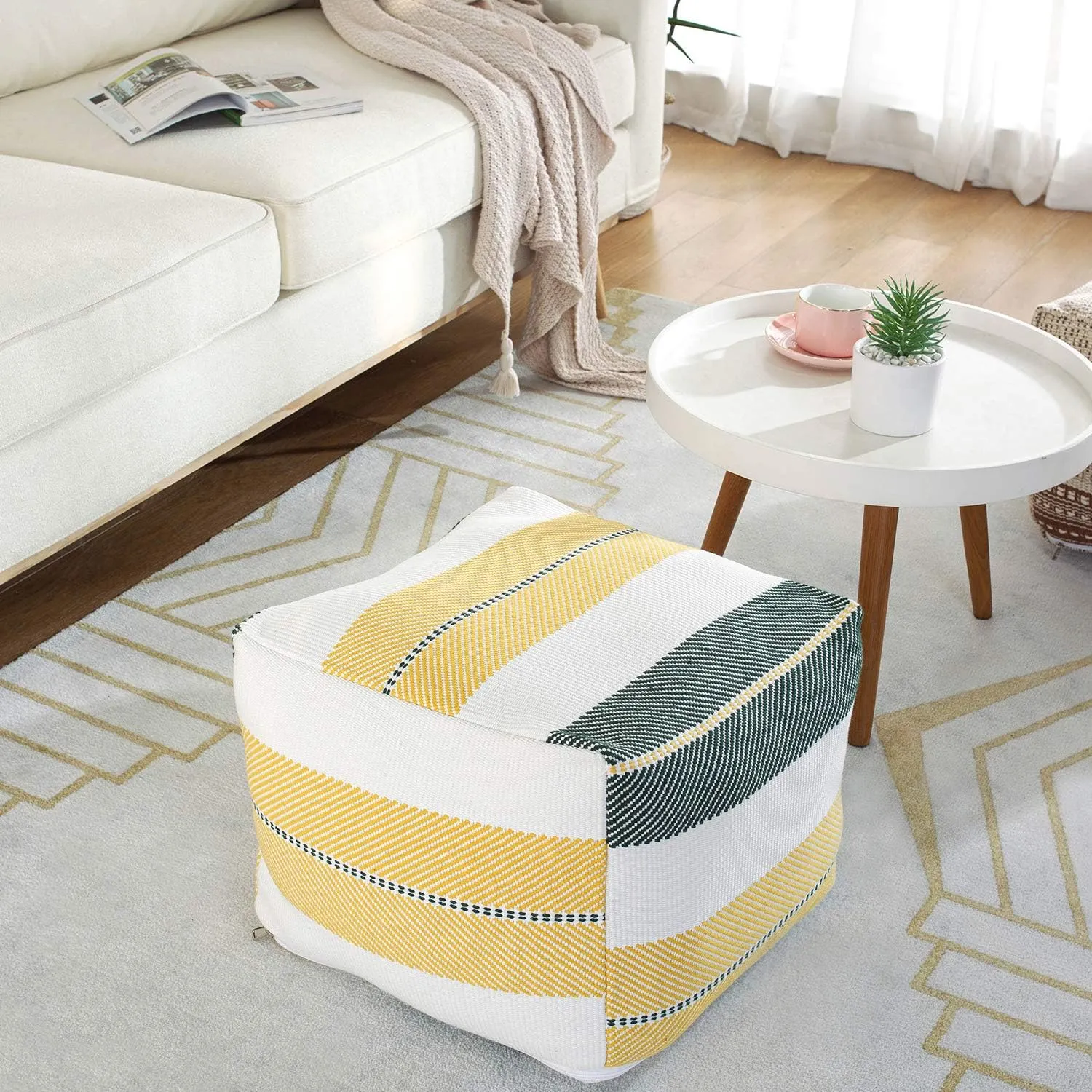 Sexysamba Unstuffed Square Pouf Cover Ottoman Bean Bag Chair Foot Stool Rest Decorative Poufs for Living Room Bedroom,Green & Yellow