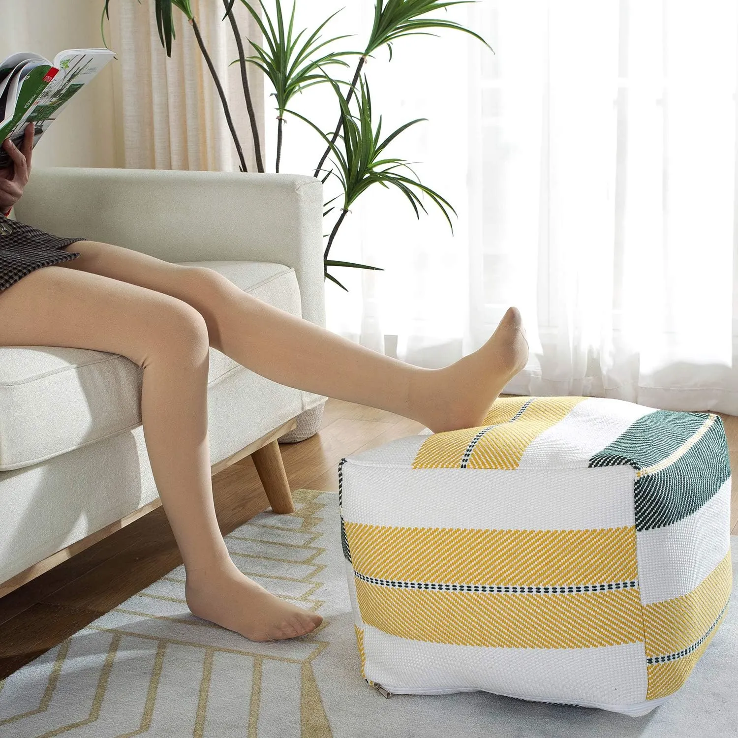 Sexysamba Unstuffed Square Pouf Cover Ottoman Bean Bag Chair Foot Stool Rest Decorative Poufs for Living Room Bedroom,Green & Yellow