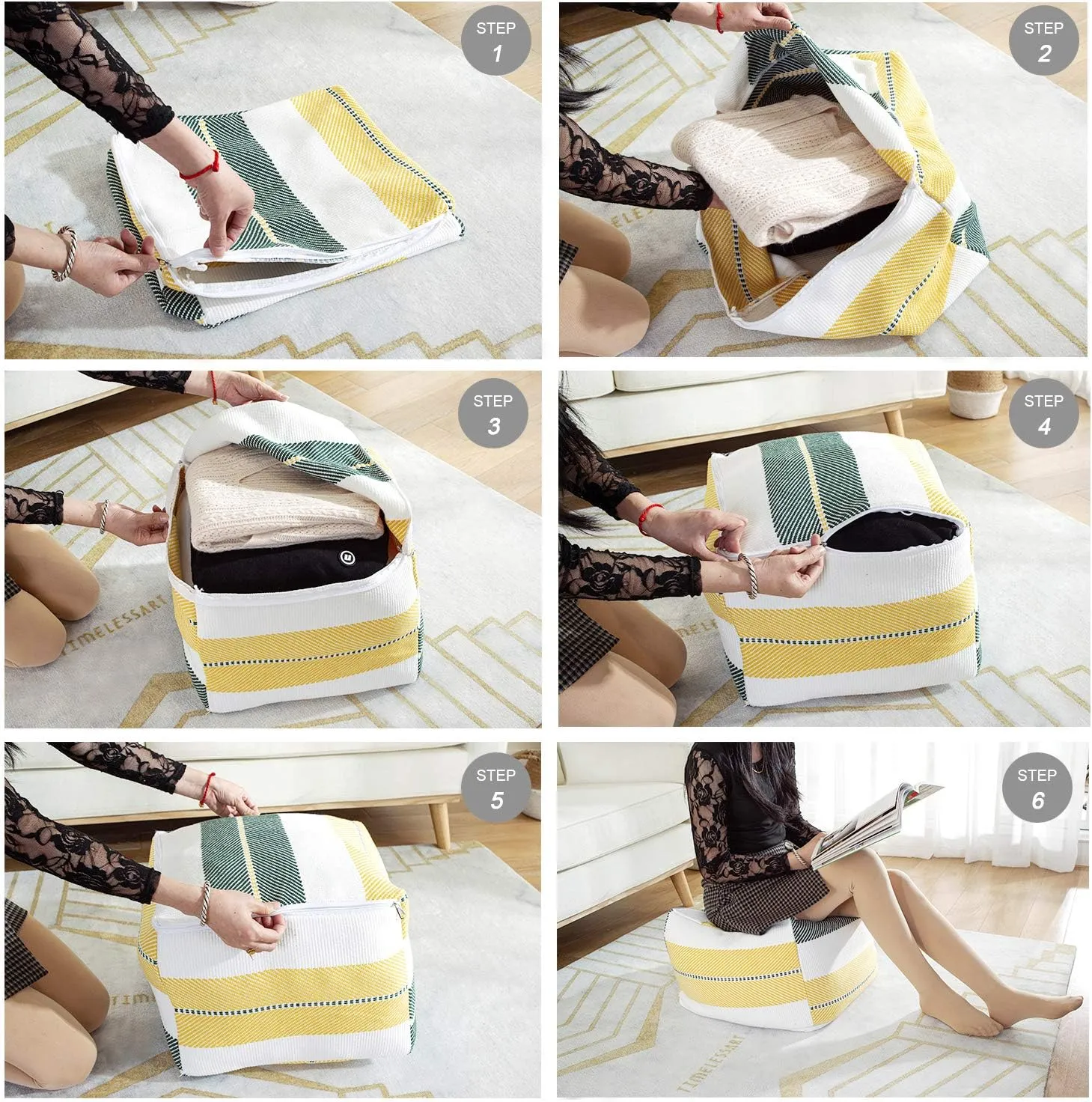 Sexysamba Unstuffed Square Pouf Cover Ottoman Bean Bag Chair Foot Stool Rest Decorative Poufs for Living Room Bedroom,Green & Yellow
