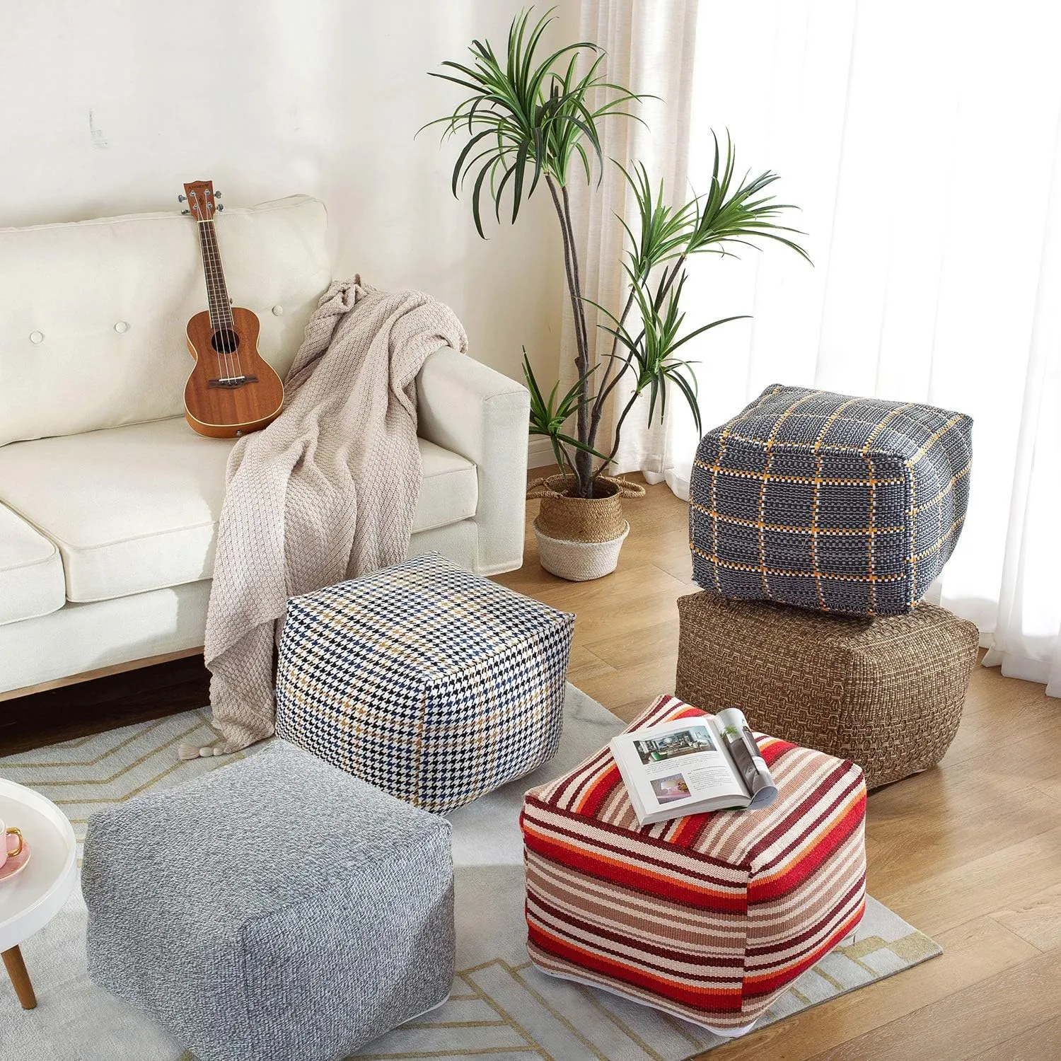 Sexysamba Unstuffed Square Pouf Cover Ottoman Bean Bag Chair Foot Stool Rest Decorative Poufs for Living Room Bedroom,Grey