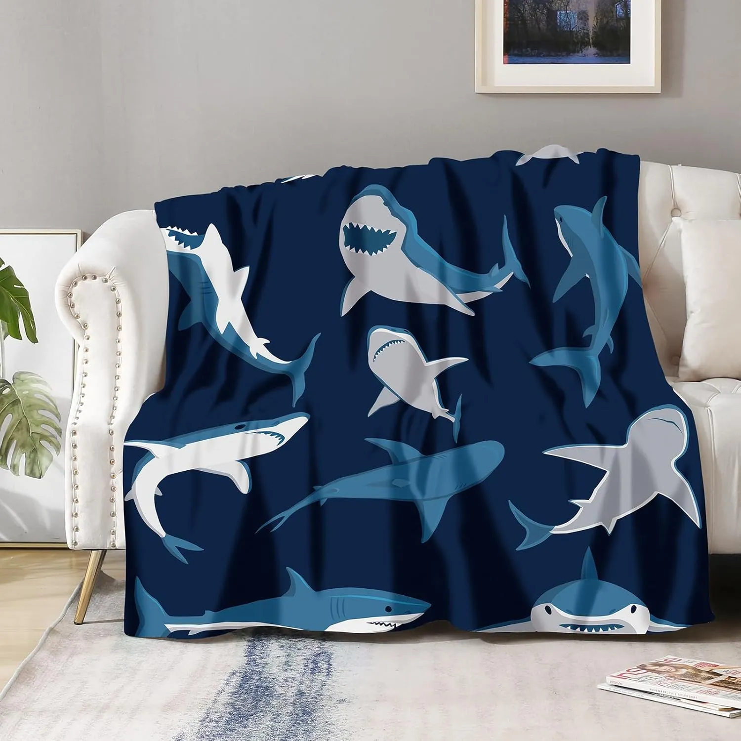 Shark Blanket Gifts for Boys Kids - Nautical Ocean Shark Lovers Animal Lightweight Fleece Cozy Fuzzy Throw for Son Girls Men Child Adults Teen Christmas Birthday Easter Present Blankets 50"x60"