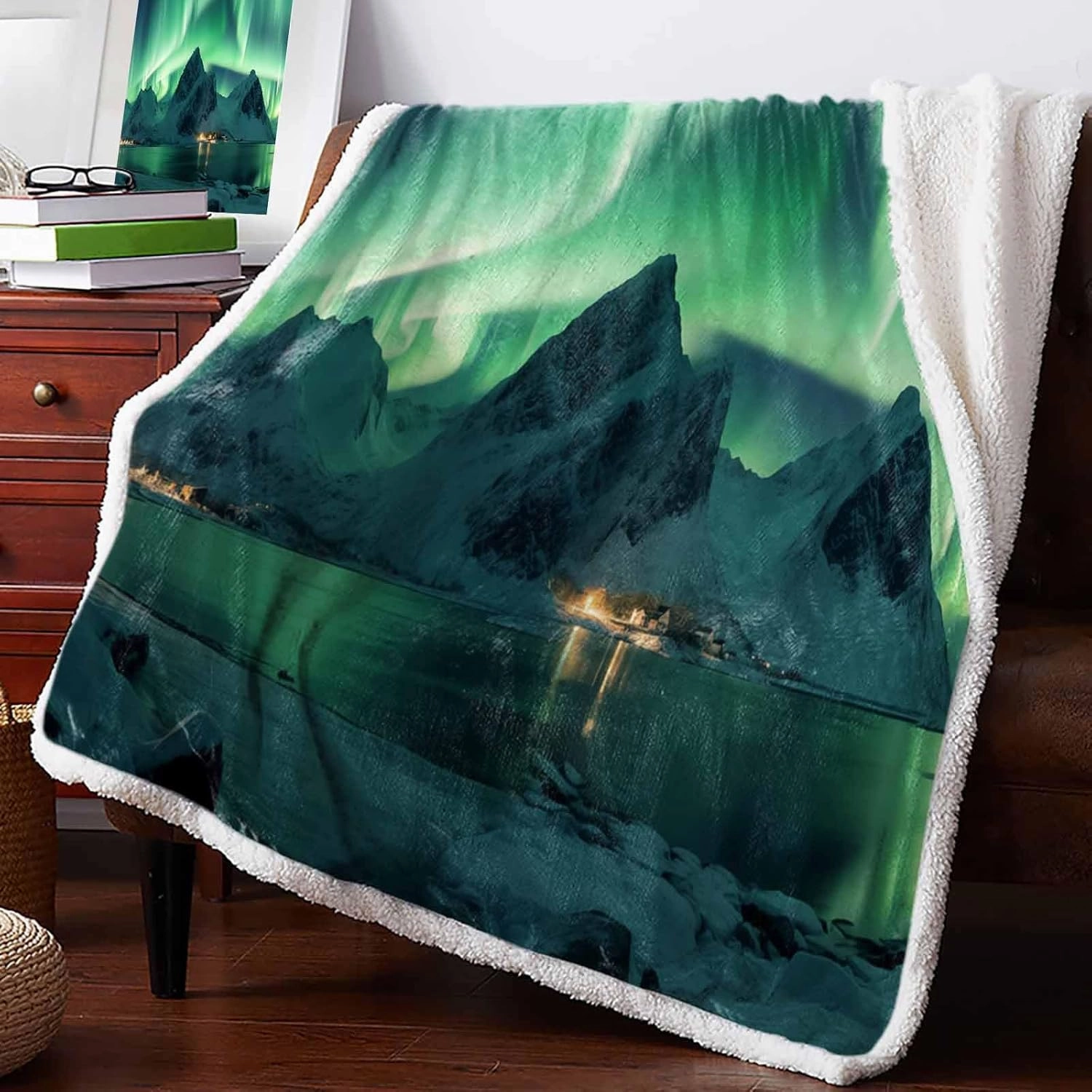 Sherpa Blanket Fleece Throw, Winter Polar Ice Islands Ocean Scenery Green Soft Plush Fluffy Warm Lightweight Flannel Blanket for Bed Couch All Season Use, 40"x50"