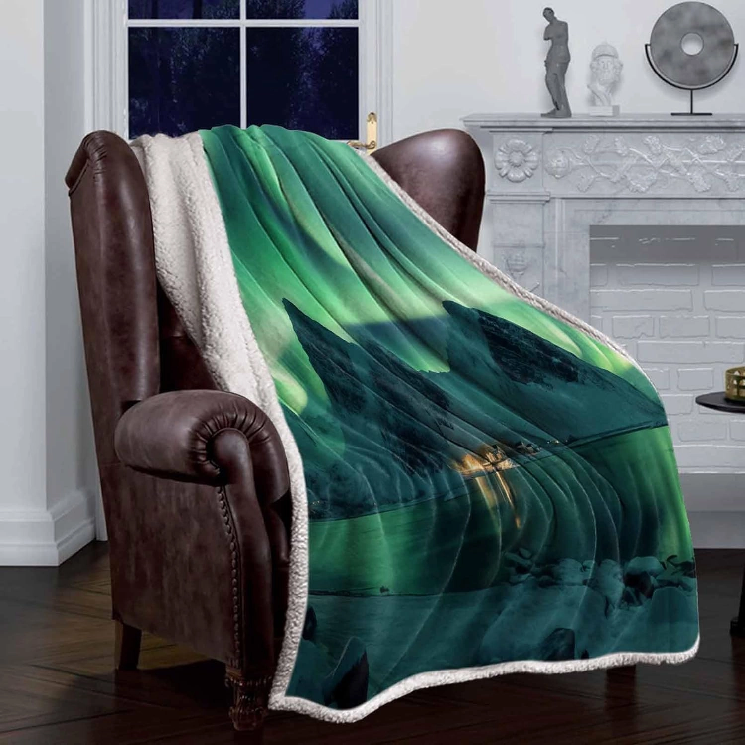 Sherpa Blanket Fleece Throw, Winter Polar Ice Islands Ocean Scenery Green Soft Plush Fluffy Warm Lightweight Flannel Blanket for Bed Couch All Season Use, 40"x50"