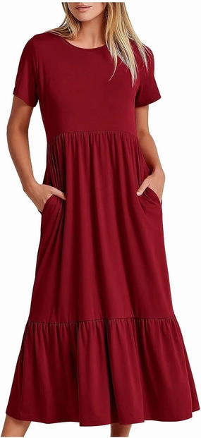 Short Sleeve Shirt Dresses for Women Dressy 2023 Casual Loose Ruffle Flowy Maxi Long Dress with Pockets