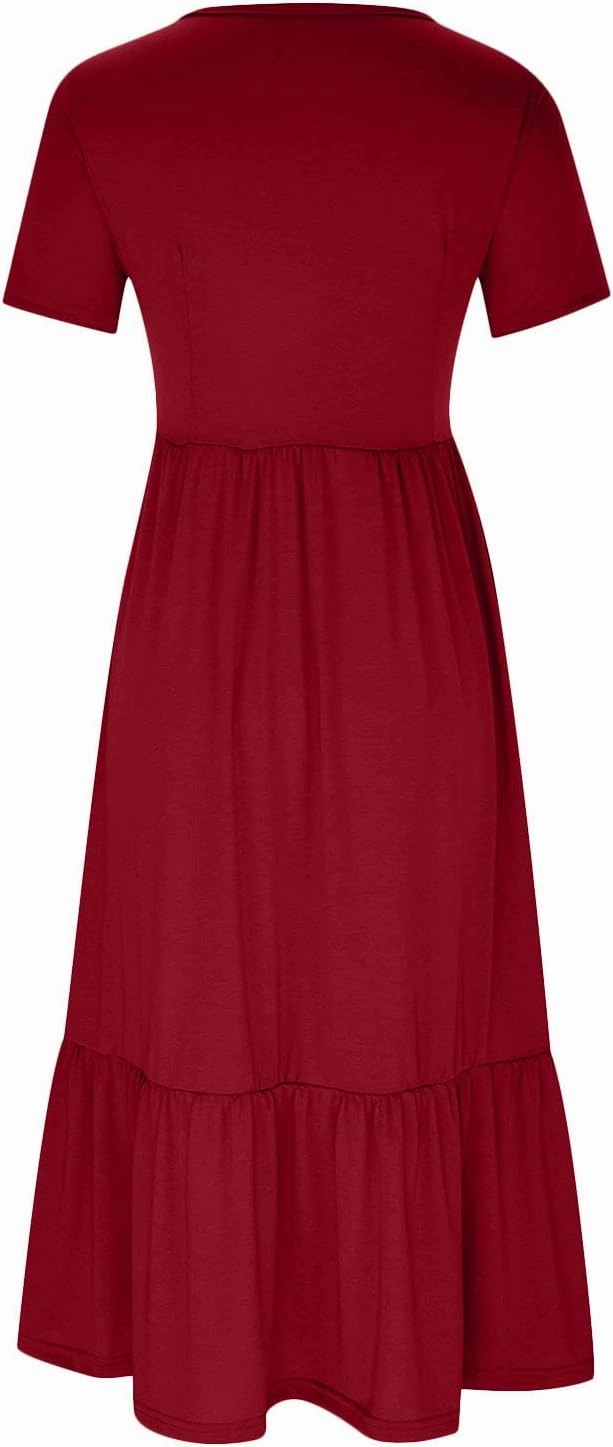 Short Sleeve Shirt Dresses for Women Dressy 2023 Casual Loose Ruffle Flowy Maxi Long Dress with Pockets