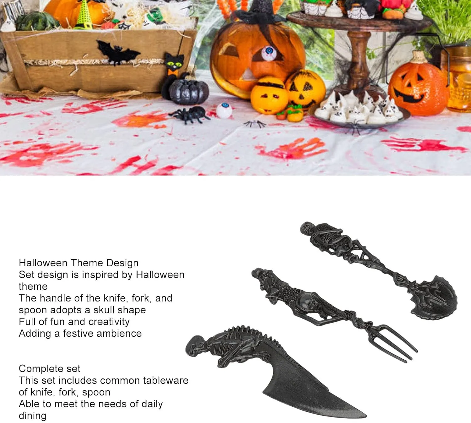 Skeleton Skull Silverware Set, Cutlery Set 3 PCS Includes Spoon Fork and Knife Flatware Tableware Design Modern Look Great Gifts For Halloween Easter and Christmas (Black)