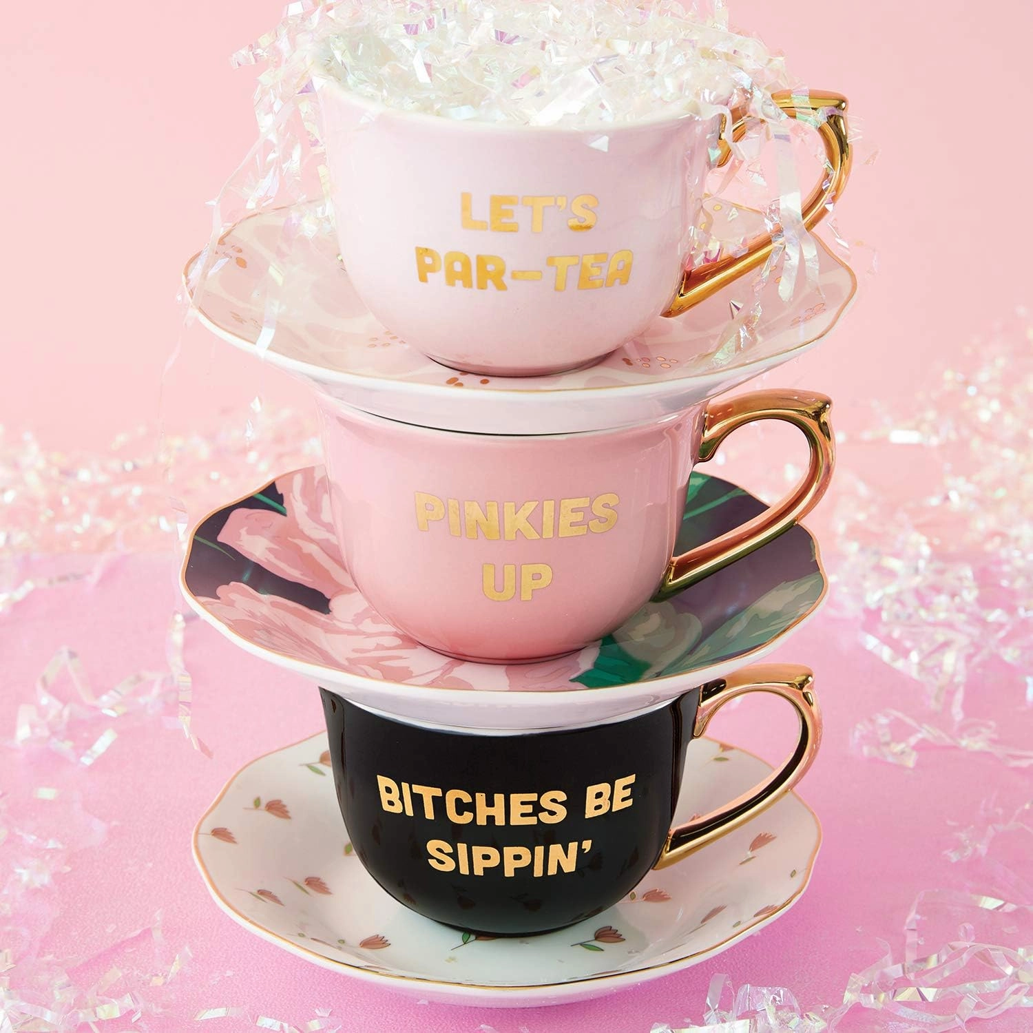 Slant Collections Ceramic Tea Cup and Saucer Set, 5-Ounce, Bitches Be Sippin