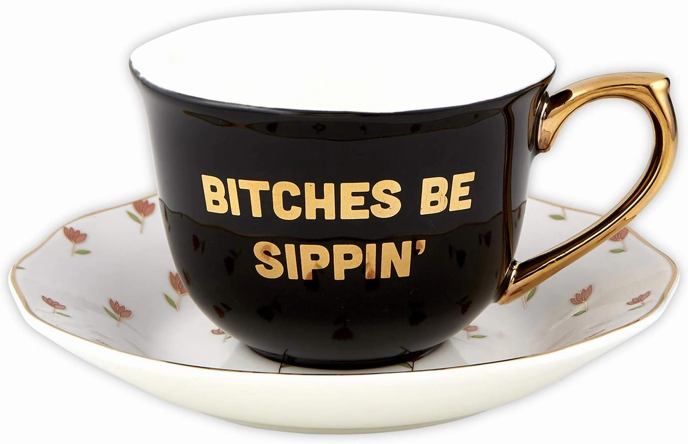Slant Collections Ceramic Tea Cup and Saucer Set, 5-Ounce, Bitches Be Sippin