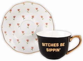Slant Collections Ceramic Tea Cup and Saucer Set, 5-Ounce, Bitches Be Sippin
