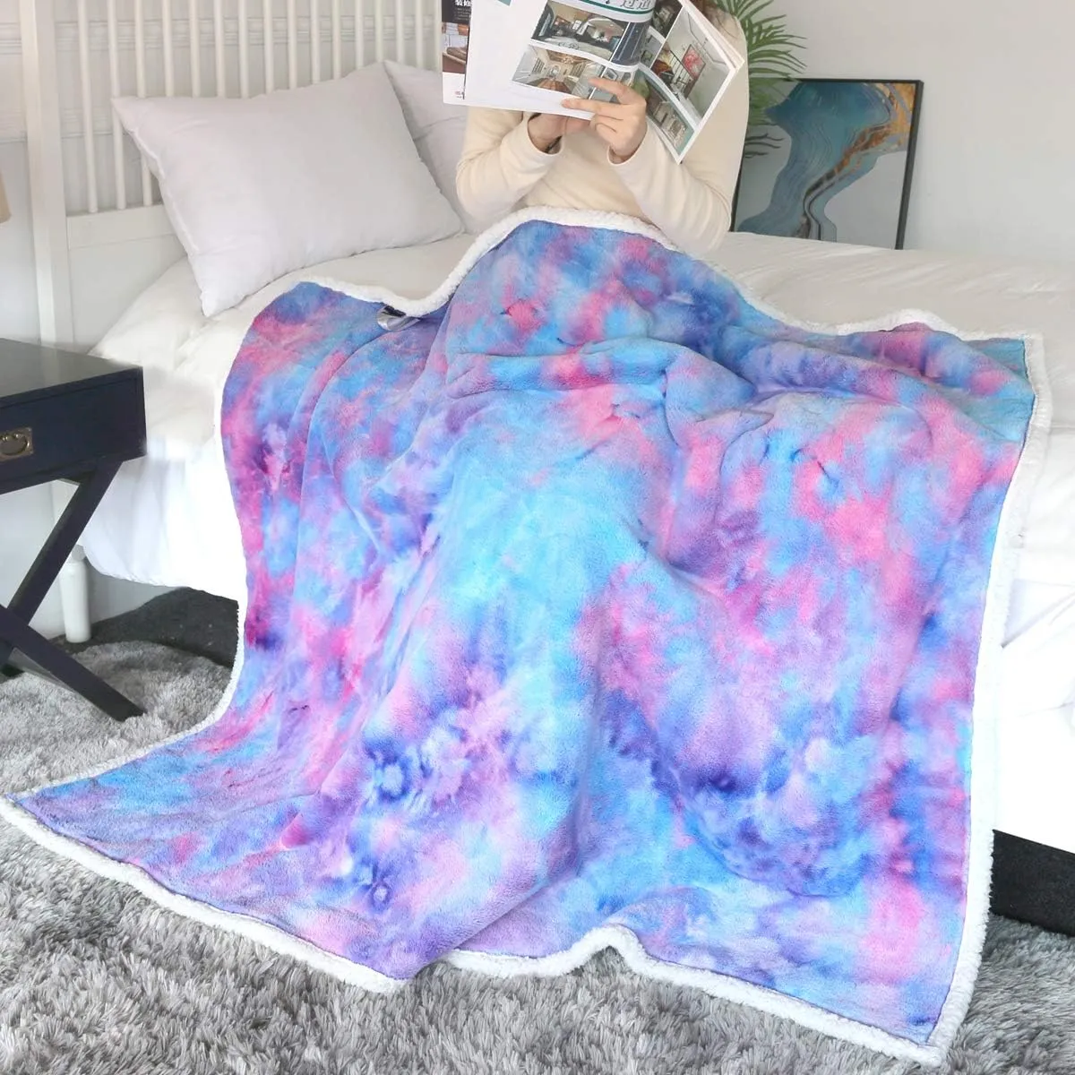 Sleepwish Cute Purple Tie Dye Fuzzy Blanket - Girls Boys Decorative Floor Sofa Couch Bed Throw Warm Cozy Super Soft Coverlet Long Shaggy Hair Faux Fur Sherpa Backing Plush Blue Pink 63 x 79 Inches