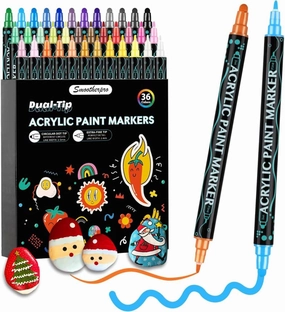 SMOOTHERPRO Acrylic Paint Markers, 36 Colors Dual Tip Acrylic Paint Pens for Wood, Rocks, Canvas, Pumpkins, Fabric Markers Set for Glass, Plastic, Ceramic, DIY, Easter, Gift(DAP36)