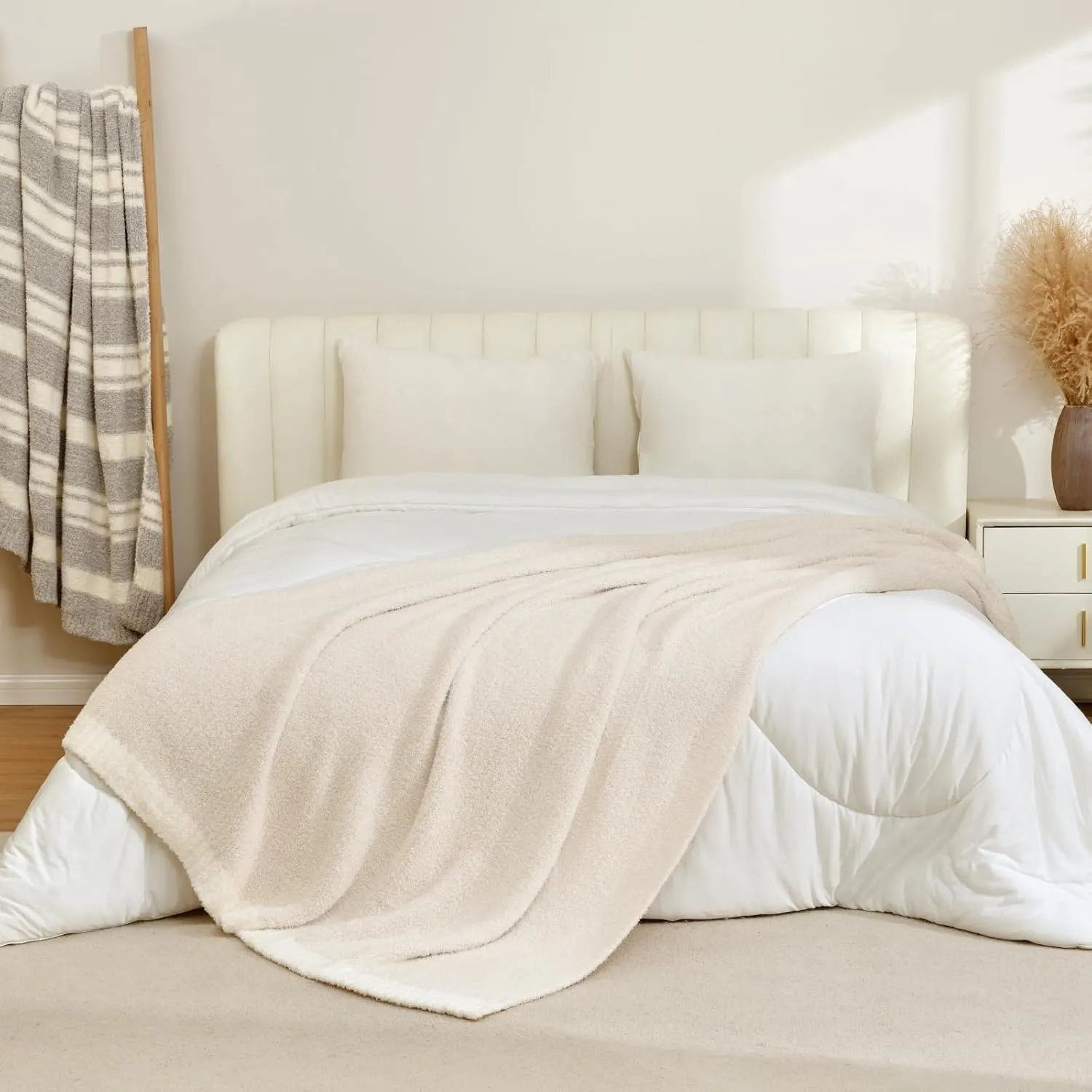 Snuggle Sac Buttery Ivory Throw Blanket for Couch, Reversible Super Soft Knitted Blankets, Warm Cozy Knit Fuzzy Plush Lightweight Throws Dupes for Sofa, Bed, Picnic, Ivory, 50 x 60 inches