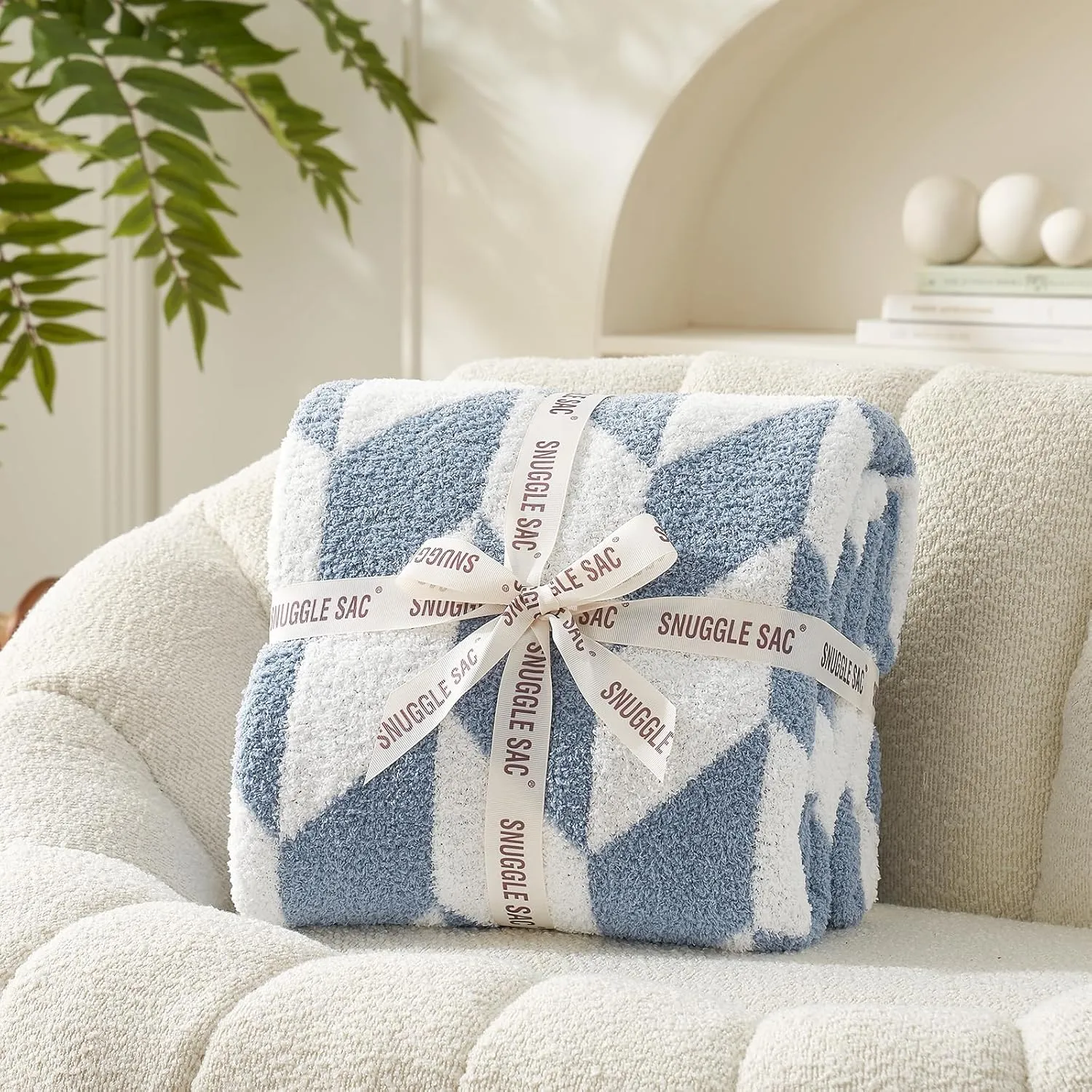 Snuggle Sac Chevron Throw Blanket for Couch, Reversible Super Soft Warm Blankets Cozy Knit Fuzzy Plush Lightweight Throws for Sofa, Bed, Camping, Blue, 50x60 inches