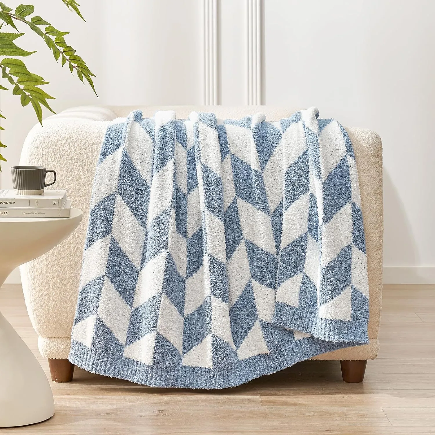 Snuggle Sac Chevron Throw Blanket for Couch, Reversible Super Soft Warm Blankets Cozy Knit Fuzzy Plush Lightweight Throws for Sofa, Bed, Camping, Blue, 50x60 inches