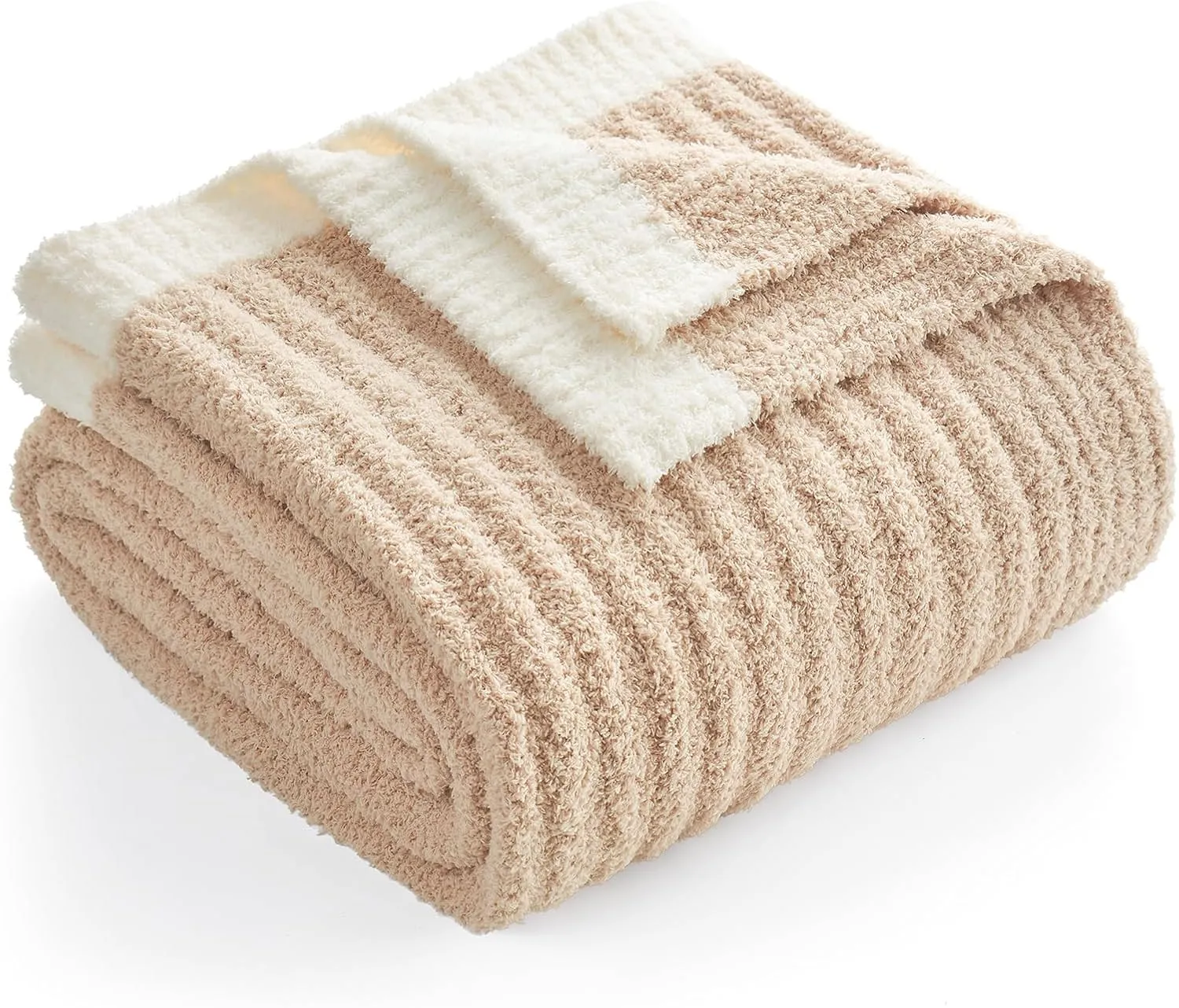 Snuggle Sac Soft Ribbed Beige Throw Blanket for Couch, Luxurious Fluffy Cozy Knit Throws for All Season, Reversible Warm Microfiber Netural Blankets for Couch, Sofa, Travel, Beige, 50x60 inches