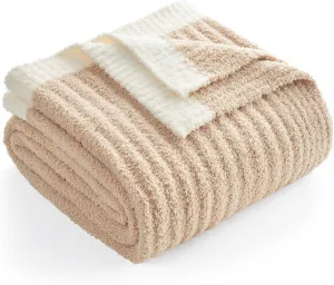 Snuggle Sac Soft Ribbed Beige Throw Blanket for Couch, Luxurious Fluffy Cozy Knit Throws for All Season, Reversible Warm Microfiber Netural Blankets for Couch, Sofa, Travel, Beige, 50x60 inches