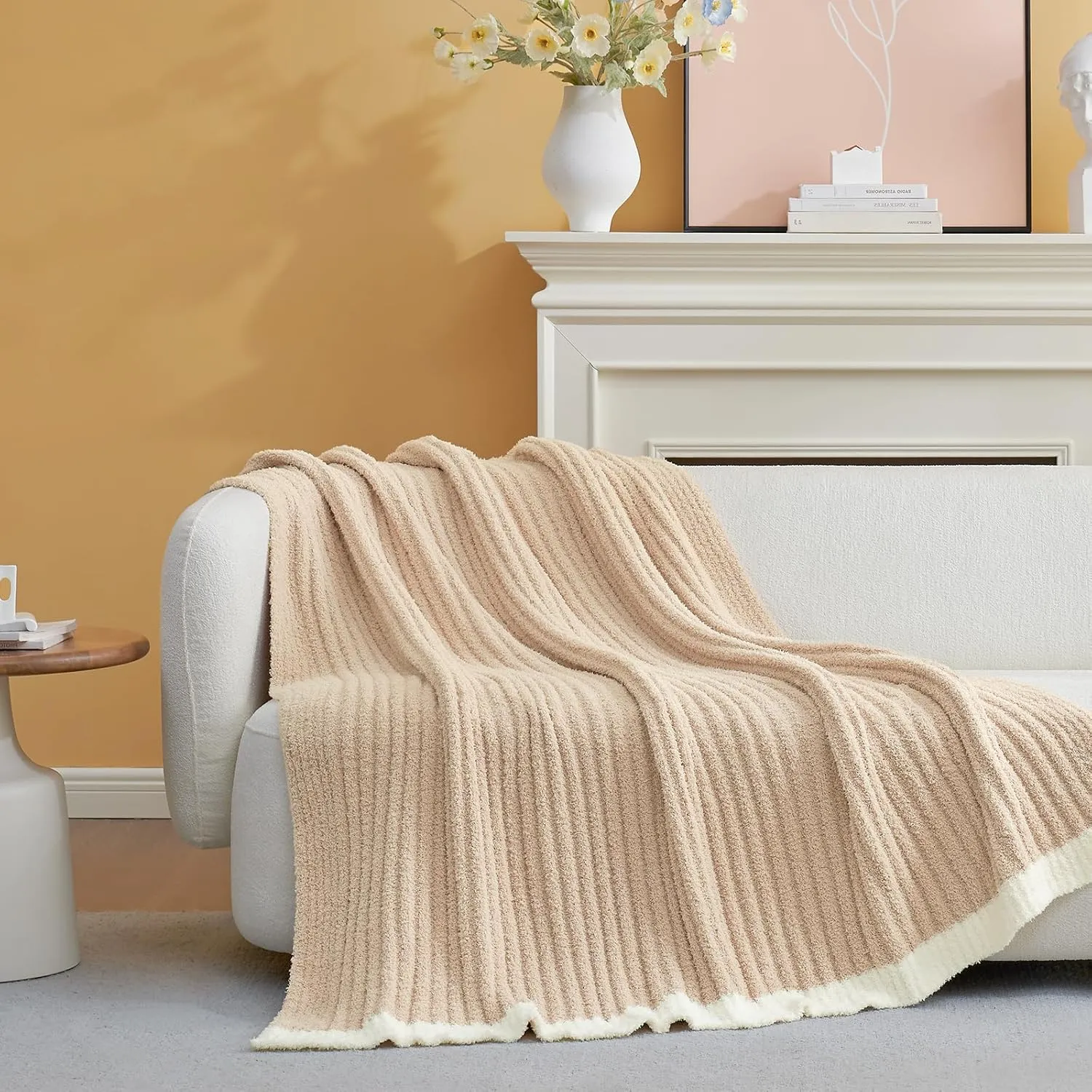 Snuggle Sac Soft Ribbed Beige Throw Blanket for Couch, Luxurious Fluffy Cozy Knit Throws for All Season, Reversible Warm Microfiber Netural Blankets for Couch, Sofa, Travel, Beige, 50x60 inches