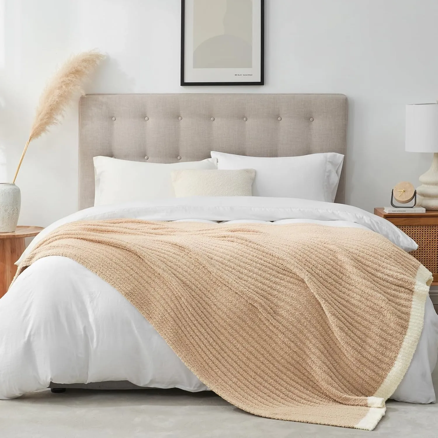 Snuggle Sac Soft Ribbed Beige Throw Blanket for Couch, Luxurious Fluffy Cozy Knit Throws for All Season, Reversible Warm Microfiber Netural Blankets for Couch, Sofa, Travel, Beige, 50x60 inches
