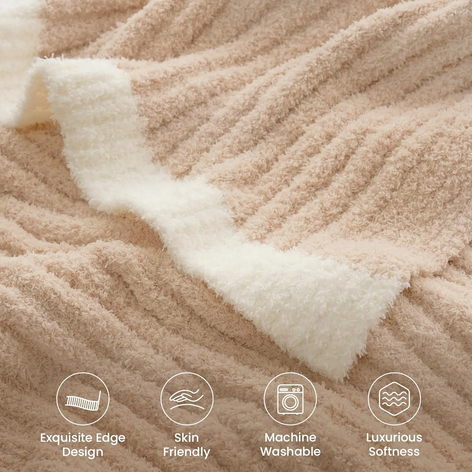 Snuggle Sac Soft Ribbed Beige Throw Blanket for Couch, Luxurious Fluffy Cozy Knit Throws for All Season, Reversible Warm Microfiber Netural Blankets for Couch, Sofa, Travel, Beige, 50x60 inches