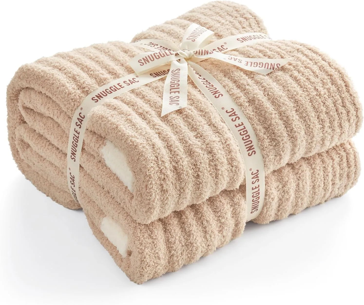 Snuggle Sac Soft Ribbed Beige Throw Blanket for Couch, Luxurious Fluffy Cozy Knit Throws for All Season, Reversible Warm Microfiber Netural Blankets for Couch, Sofa, Travel, Beige, 50x60 inches