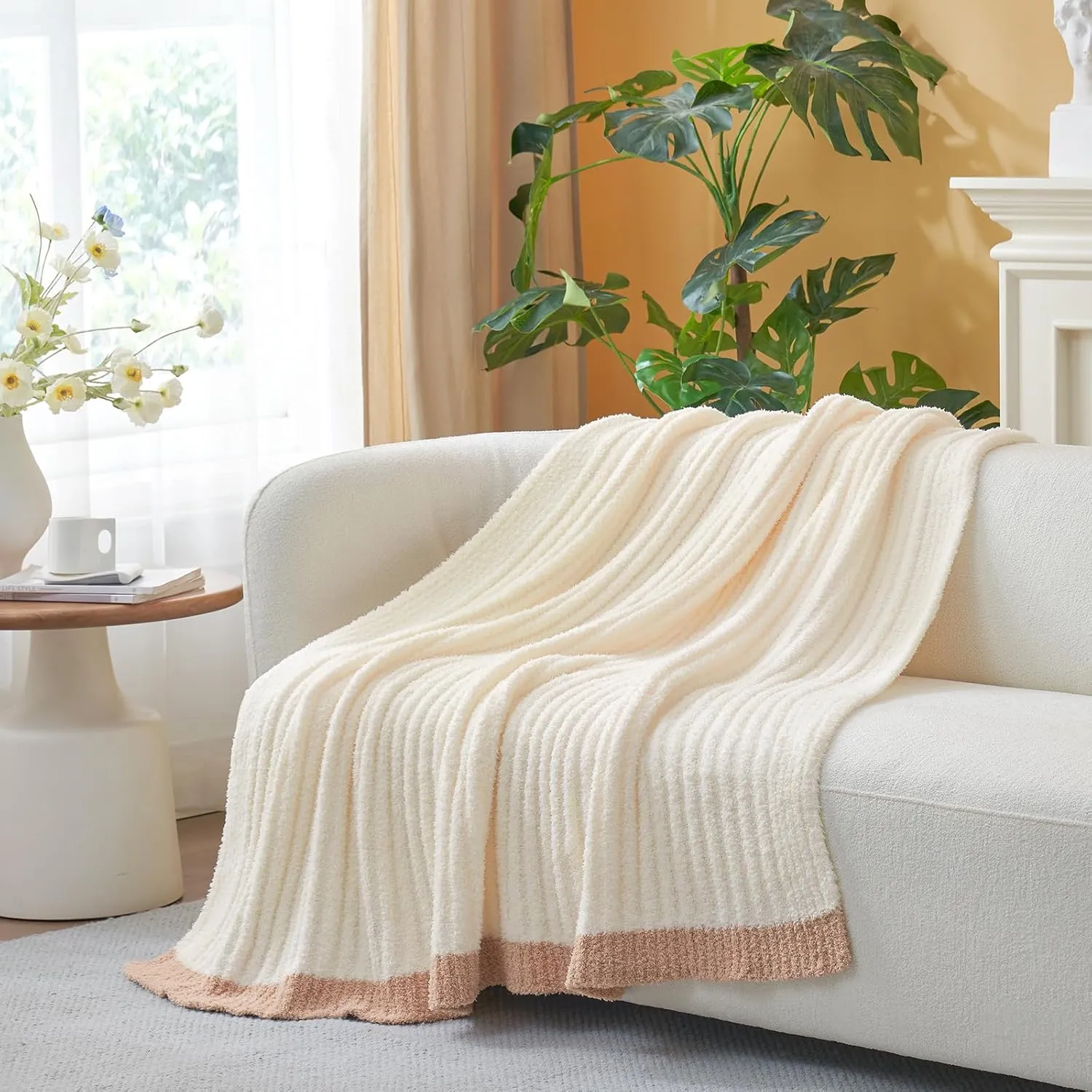 Snuggle Sac Soft Ribbed Throw Blanket for Couch, Luxurious Fluffy Cozy Knit Throws for All Season, Reversible Warm Microfiber Blankets for Couch, Sofa, Travel, Cream, 50x60 inches