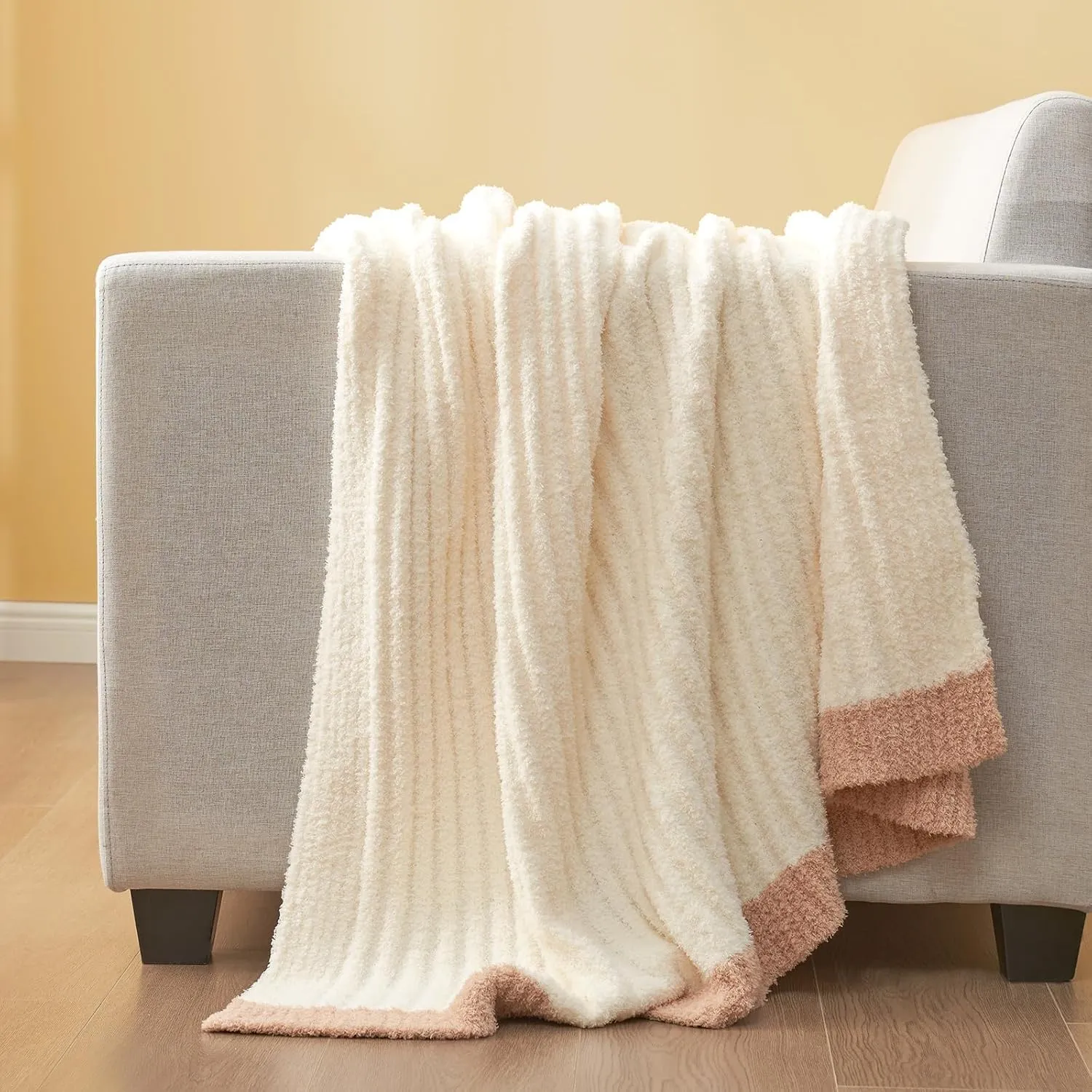Snuggle Sac Soft Ribbed Throw Blanket for Couch, Luxurious Fluffy Cozy Knit Throws for All Season, Reversible Warm Microfiber Blankets for Couch, Sofa, Travel, Cream, 50x60 inches