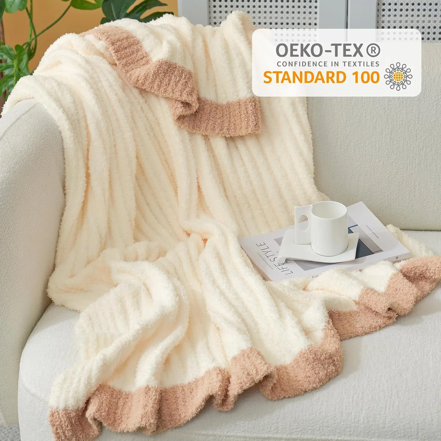 Snuggle Sac Soft Ribbed Throw Blanket for Couch, Luxurious Fluffy Cozy Knit Throws for All Season, Reversible Warm Microfiber Blankets for Couch, Sofa, Travel, Cream, 50x60 inches