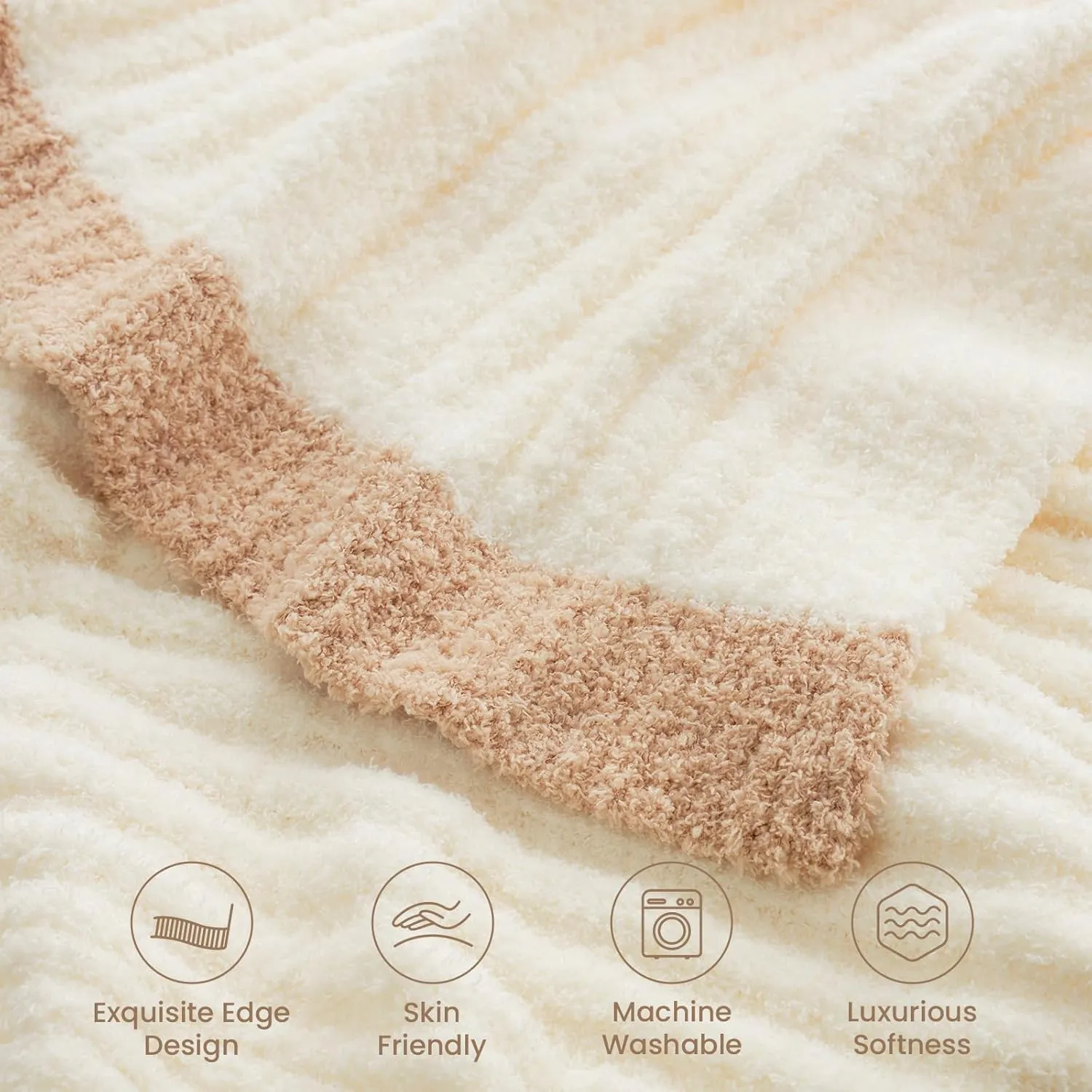 Snuggle Sac Soft Ribbed Throw Blanket for Couch, Luxurious Fluffy Cozy Knit Throws for All Season, Reversible Warm Microfiber Blankets for Couch, Sofa, Travel, Cream, 50x60 inches