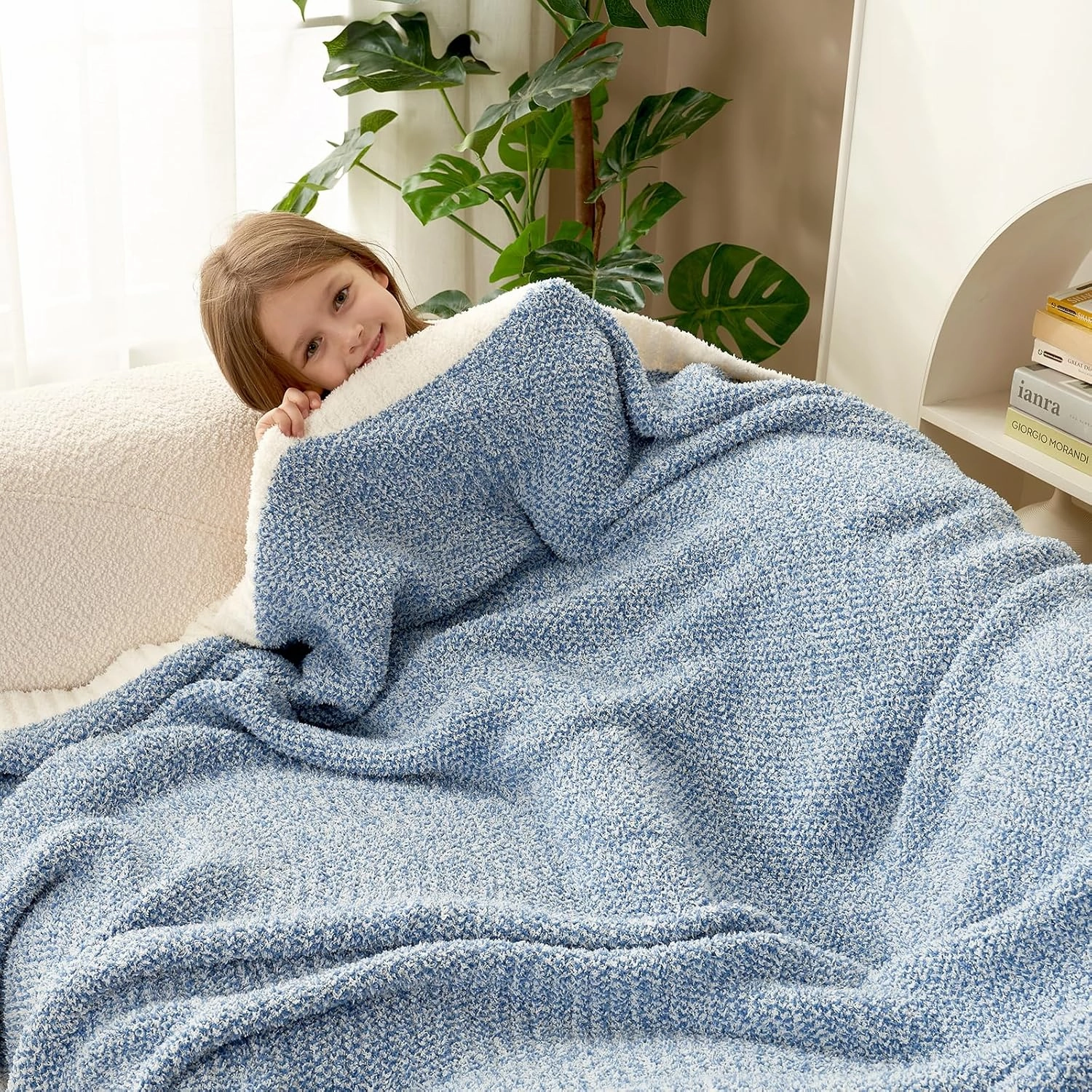 Snuggle Sac Blue Throw Blankets for Couch, Reversible Super Soft Warm Blankets Cozy Knit Blanket Fuzzy Plush Throws for Sofa, Bed, Gift, Heather Blue, 50 x 60 inches