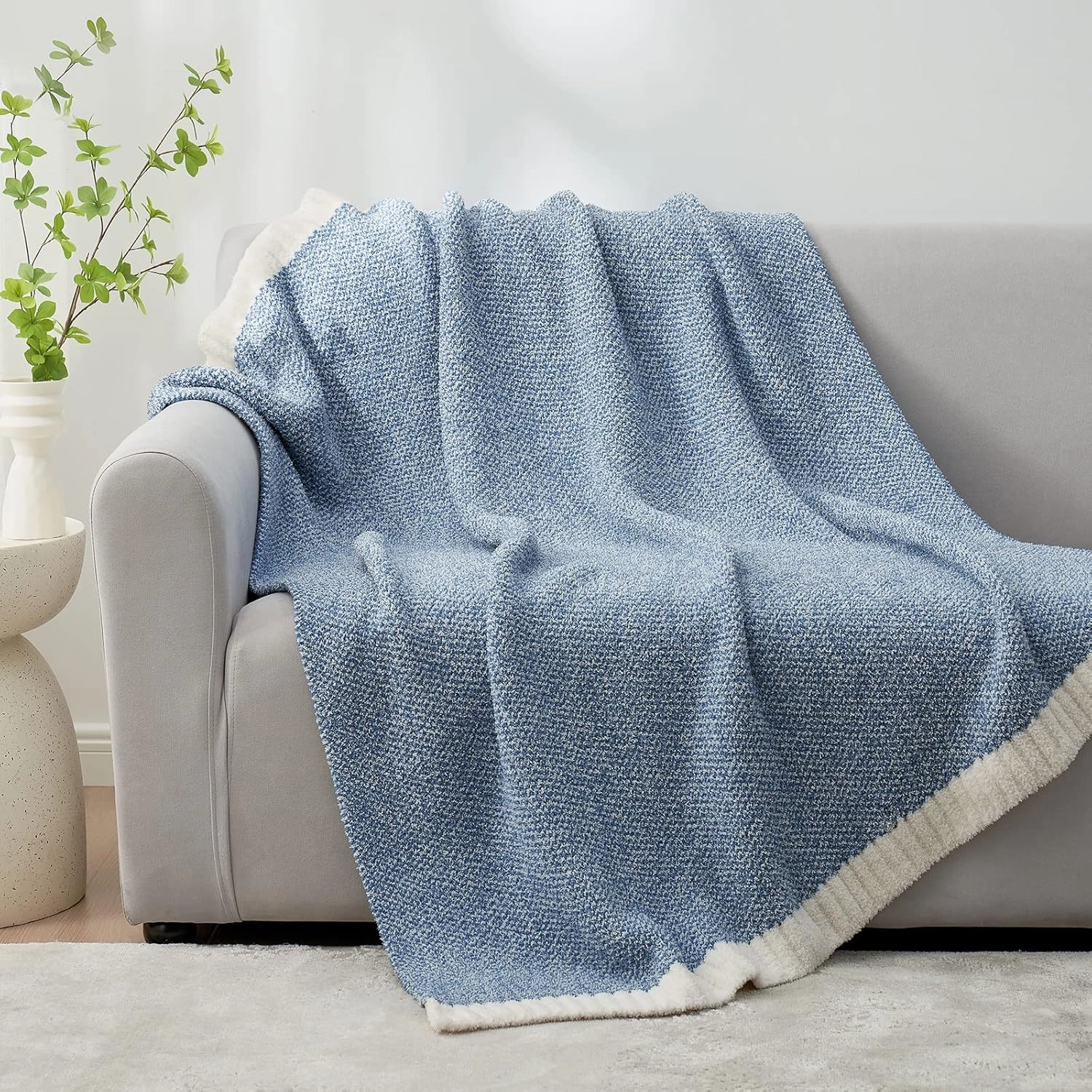 Snuggle Sac Blue Throw Blankets for Couch, Reversible Super Soft Warm Blankets Cozy Knit Blanket Fuzzy Plush Throws for Sofa, Bed, Gift, Heather Blue, 50 x 60 inches