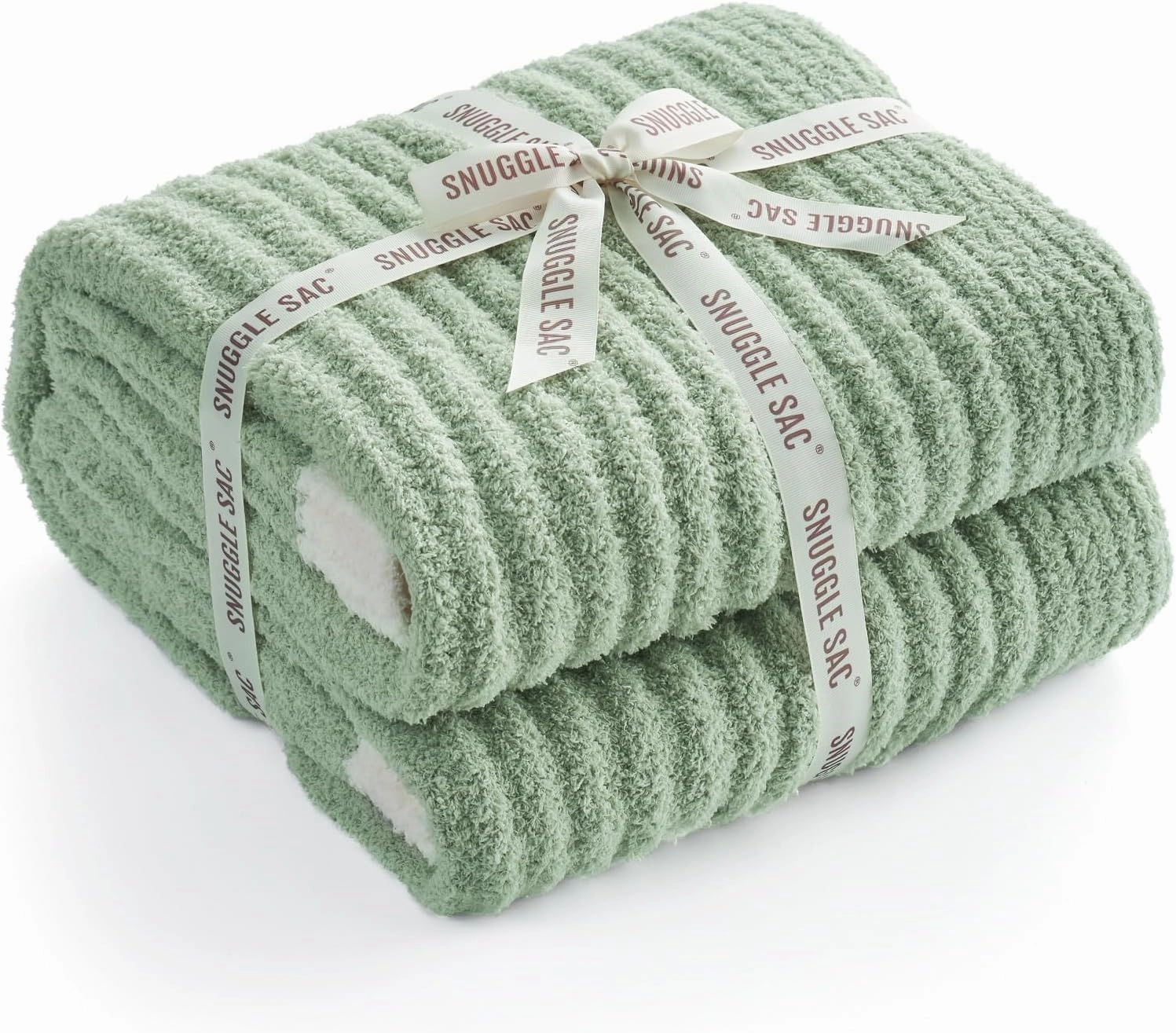 Snuggle Sac Fluffy Ribbed Throw Blanket for Couch, Sage Green, Microfiber Knit Throws for Sofa, Soft Luxurious Fuzzy Warm Blankets for Sofa, Bed, Travel, Sage Green, 50x60 inches